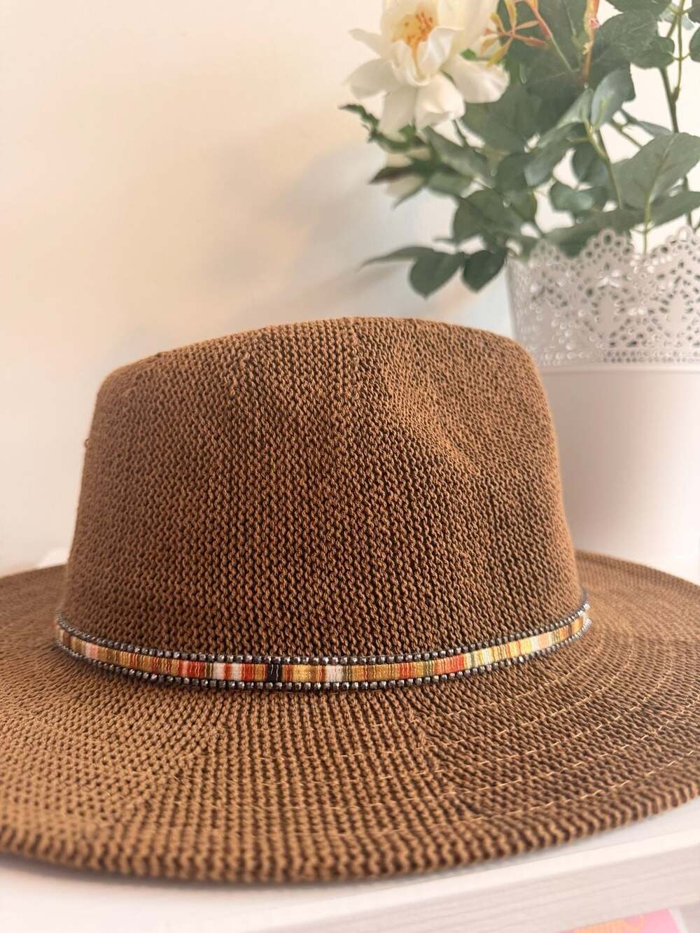 Anthropologie Knitted Panama Sun Hat with Multi-Thread and Rhinestone Trim Band - Picture 3 of 7